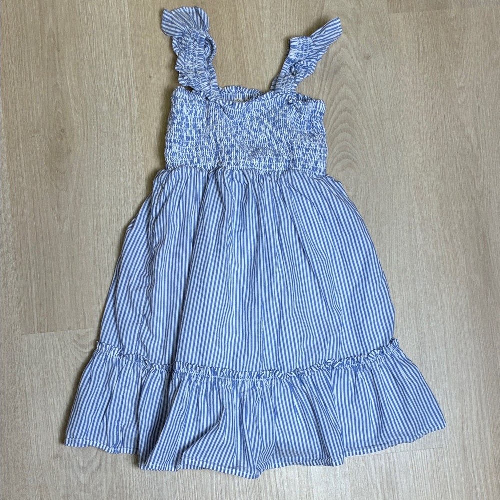 Crewcuts Blue & White Striped Smocked Flutter Strappy Sleeve Dress 5